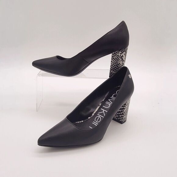 Calvin Klein NEW Eviti Black Leather Snakeskin 3.5" Block Heels Size 6.5 M - Picture 2 of 8
